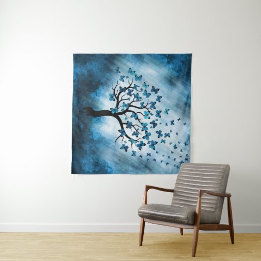 Schmetterlingsbaum - Blauer Marmornebel Wandteppich (Beispiel (Horizontal))