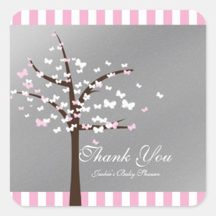 Schmetterlingsbaum Rosa & Grau Baby Shower Aufkleb Quadratischer Aufkleber