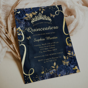 Schmetterlingsblume Elegant Gold Navy Quinceanera Folieneinladung