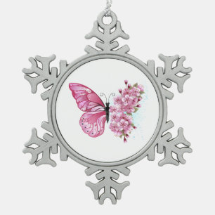 Schmetterlingsblume mit rosa Sakura Schneeflocken Zinn-Ornament