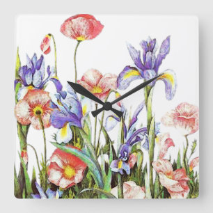Schmetterlingsblumen & Mohnblumen Aquarell Blumen Quadratische Wanduhr