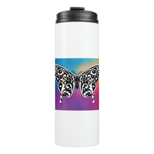Schmetterlingsdesign mit Sonnenuntergangfarben Thermosbecher (Vorderseite)