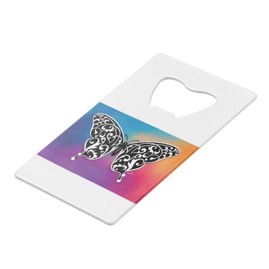 Schmetterlingsdesign mit Sunset-Farben Geldbeutel Flaschenöffner (Rückseite Schrägansicht)