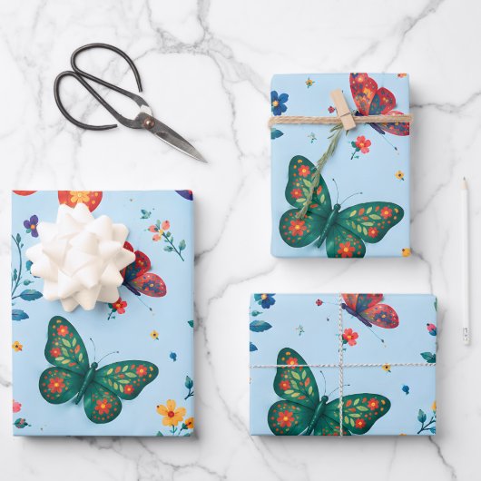 Schmetterlingsgarten-Geschenkpapier – Farbige Flor Geschenkpapier Set (Vorderseite)