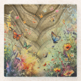 Schmetterlingsgarten mit goldenem Akzent Glasuntersetzer