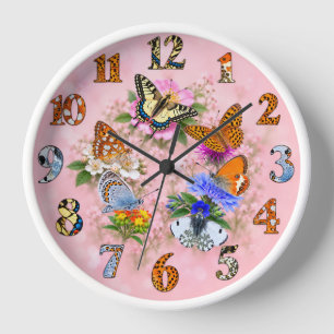 Schmetterlingsgarten-Wanduhr – Florales Rosa Natur Uhr
