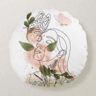 Schmetterlingsgeist – florale Linearkunst Rundes Kissen