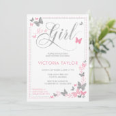 Schmetterlingshinderdusche, rosa, silber einladung (Stehend Vorderseite)