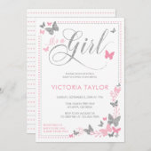 Schmetterlingshinderdusche, rosa, silber einladung (Vorne/Hinten)