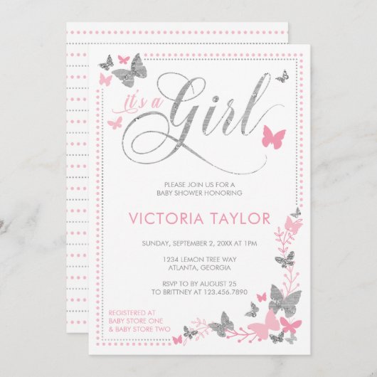 Schmetterlingshinderdusche, rosa, silber einladung (Vorne/Hinten)