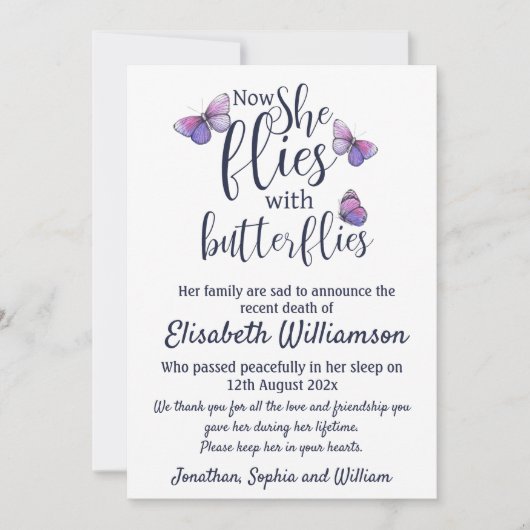 Schmetterlingshinweis zur Totenbeerdigung Ankündigung (Vorderseite)