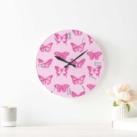 Schmetterlingskizze, hellrosa und fuchsia große wanduhr (Zuhause)