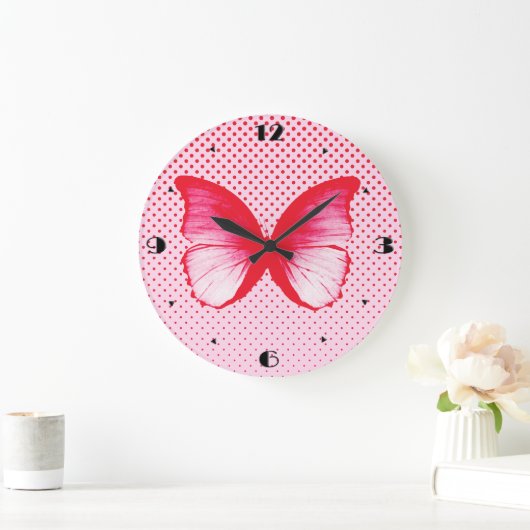 Schmetterlingskizze, Rose rot Große Wanduhr (Zuhause)