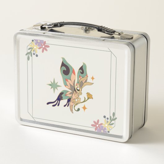 Schmetterlingskunst, beige Blumengrafik Metall Brotdose (Rückseite)