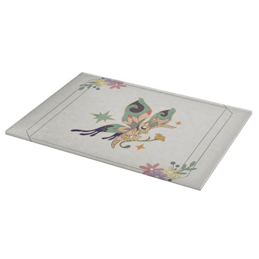 Schmetterlingskunst, beige Blumengrafik Schneidebrett (Ecke)