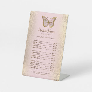 Schmetterlingslogo auf der Preisliste für Goldfoli Sockelschild