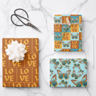 Schmetterlingsmuster-Liebe Blau und Orangen Grad Geschenkpapier Set