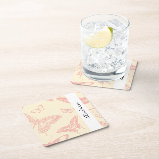 Schmetterlingsmuster, rosa Schmetterlinge, Ihr Nam Rechteckiger Pappuntersetzer (Vor Ort)