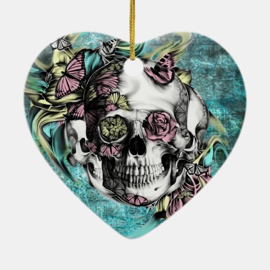 Schmetterlingsrauchschädel in blauem rosa und gelb keramikornament (Hinten)