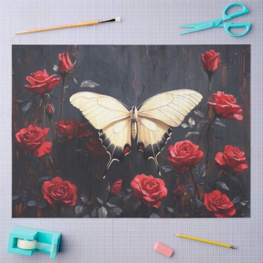 Schmetterlingsruhen unter dynamischen Rote Rosen Seidenpapier (Basteln)