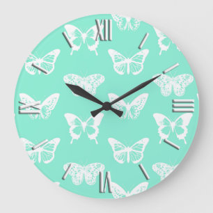 Schmetterlingsskizze, aqua und weiß große wanduhr