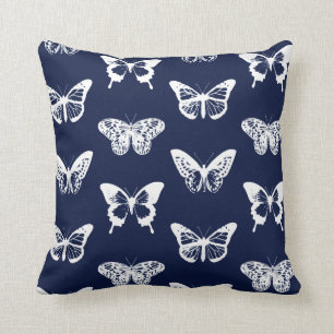 Schmetterlingsskizze, Marineblau und Weiß Kissen