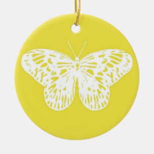 Schmetterlingsskizze, Senfgold und Weiß Keramik Ornament
