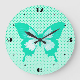 Schmetterlingsskizze, Türkis Große Wanduhr