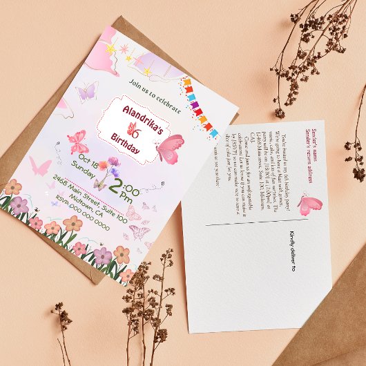 Schmetterlingsthema 6. Geburtstagseinladung Postkarte