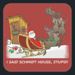 Schmidt House Funny Christmas Sticker<br><div class="desc">Hey! Was ist hier passiert? Braucht jemand ihre Geweihten ausgecheckt? Dieser skurrile Weihnachtsaufkleber hat ein Bild von dem Weihnachtsmann und seinen Rentieren,  die in der Nähe des Oberhauses landen. Fügen wir dem Urlaub ein wenig Spaß hinzu!</div>