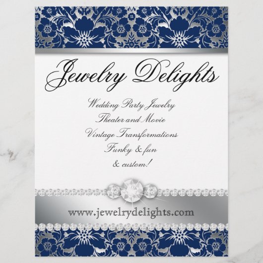 Schmuck Flyer Haar Salon Floral Damask Navy Silver (Vorne)