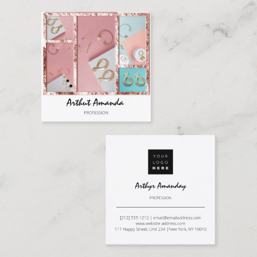 Schmuck Luxury Gold Perlen Rose Rosa Gerahmt Quadratische Visitenkarte (Vorne/Hinten)