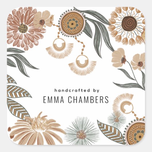 Schmuckdesigner Boho Blumenlabel Quadratischer Aufkleber (Vorderseite)