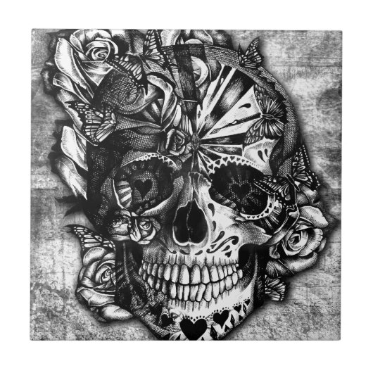 Schmutz-Süßigkeitszuckerschädel in Schwarzweiss. Fliese (Vorderseite)