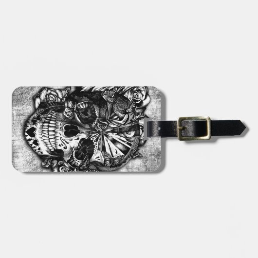 Schmutz-Süßigkeitszuckerschädel in Schwarzweiss. Gepäckanhänger (Vorderseite horizontal)