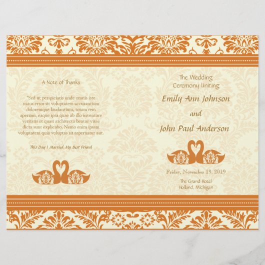 Schnappdragon Coral Vintag Damask Hochzeitsprogram (Vorderseite)
