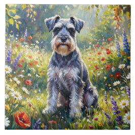 Schnauzer auf einer Wiesenblumenwiese Fliese