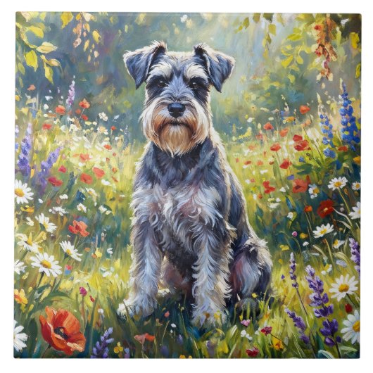 Schnauzer auf einer Wiesenblumenwiese Fliese (Vorderseite)
