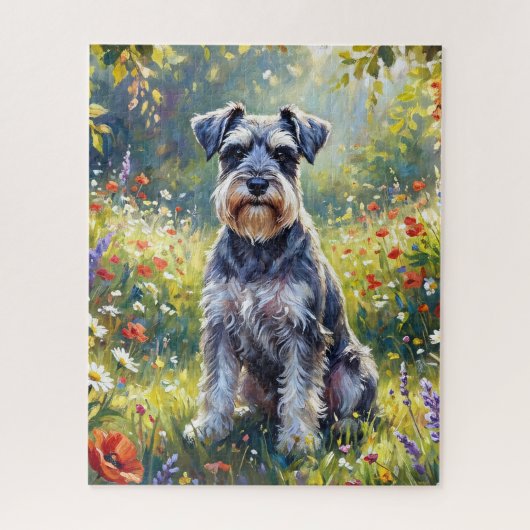 Schnauzer auf einer Wiesenblumenwiese Puzzle (Vertikal)