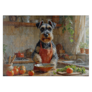 Schnauzer beim Kochen in der Küche Schneidebrett