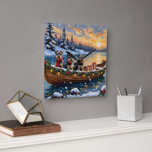 Schnauzer Christmas Boat Holiday Quadratische Wanduhr (Büro)