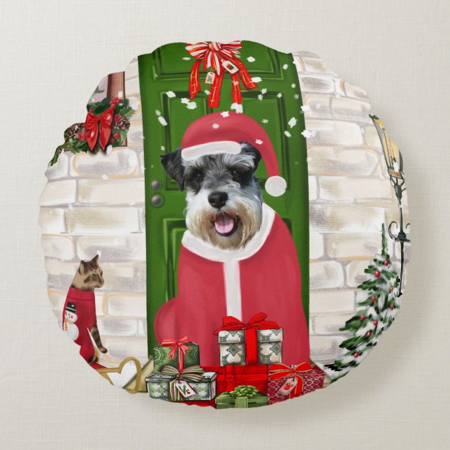 Schnauzer Dog Christmas Rundes Kissen (Vorderseite)