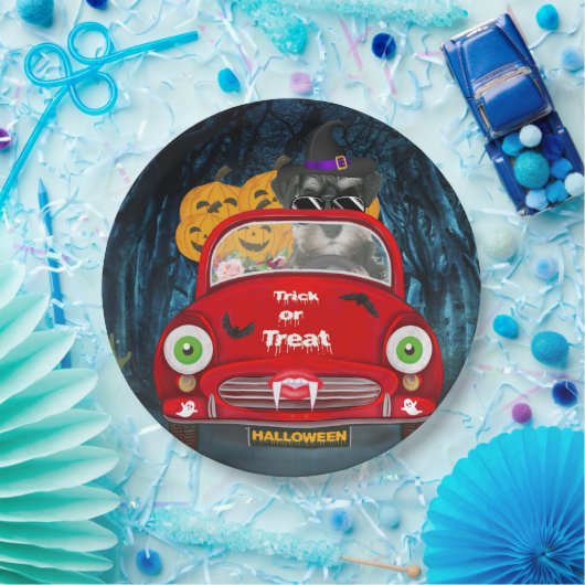 Schnauzer Dog Driving Car Beängstigend Halloween Pappteller (Party)