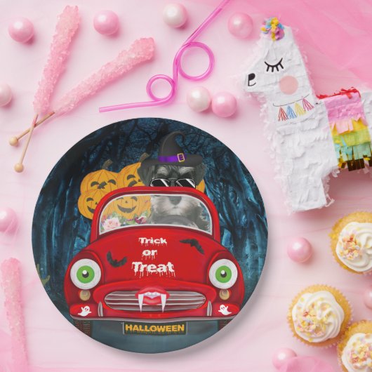 Schnauzer Dog Driving Car Beängstigend Halloween Pappteller (Party)