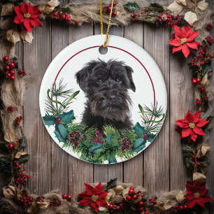 Schnauzer Dog Evergreen Berry Wreath Keramik Ornament