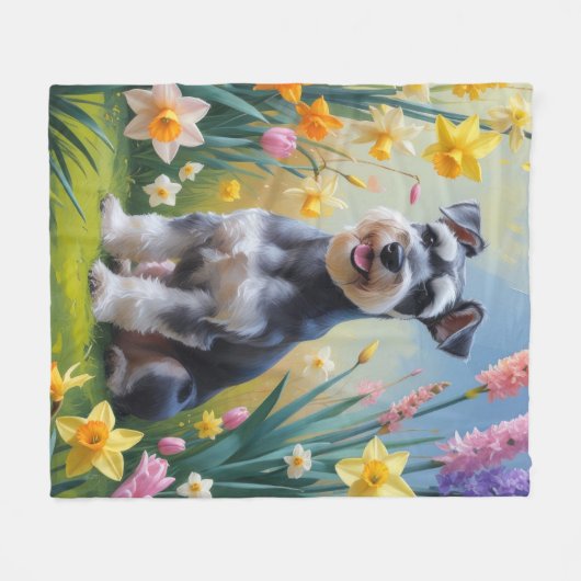 Schnauzer Dog Frühlingsblumen Malerei Fleecedecke (Vorderseite (Horizontal))