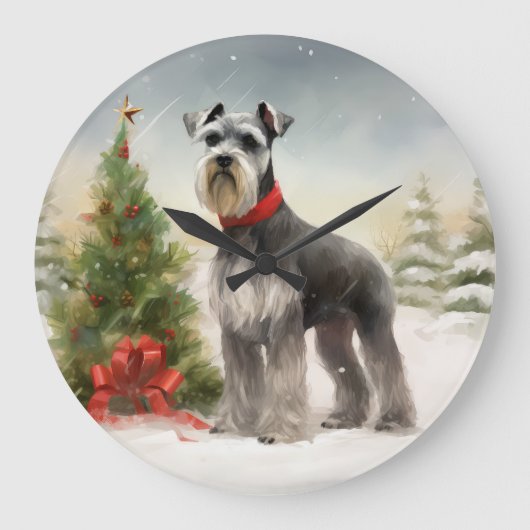 Schnauzer Dog im Schnee Weihnachten Große Wanduhr (Vorderseite)