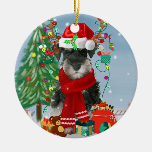 Schnauzer Dog im Schnee Weihnachten Keramik Ornament (Vorne)
