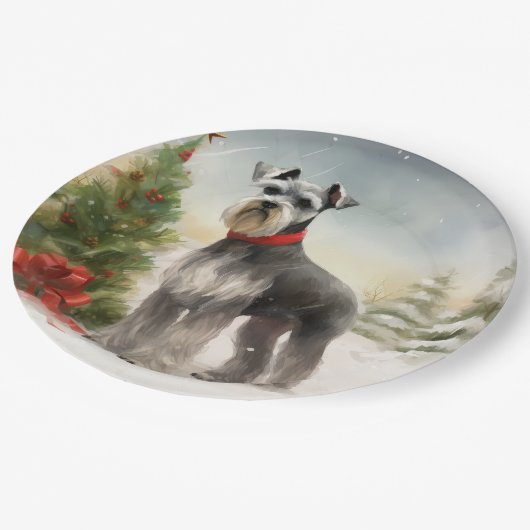 Schnauzer Dog im Schnee Weihnachten Pappteller (Schrägansicht)