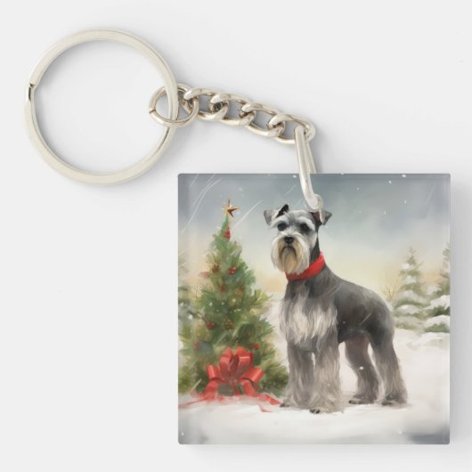 Schnauzer Dog im Schnee Weihnachten Schlüsselanhänger (Vorderseite)